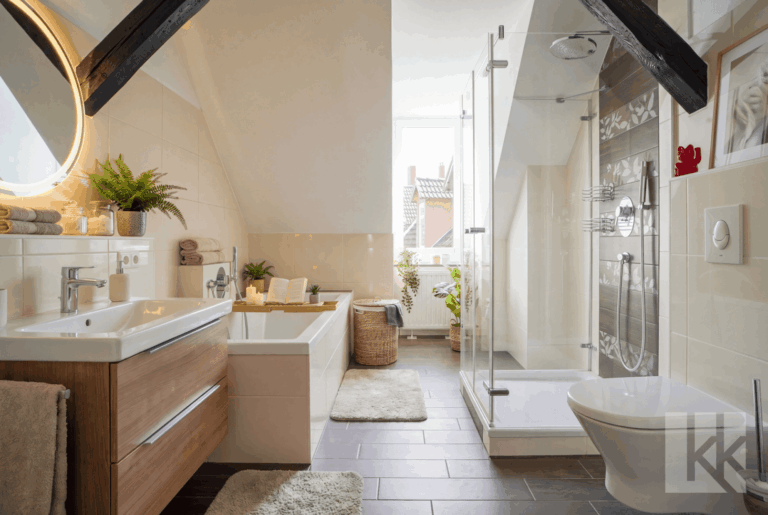 Visualisierung: Das Hauptbad mit Dusche, Badewanne und Frischluft
